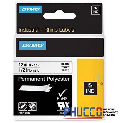Nhãn in Polyester siêu dính Dymo Rhino_Chữ đen trên nền trắng 12mm (3.5m)