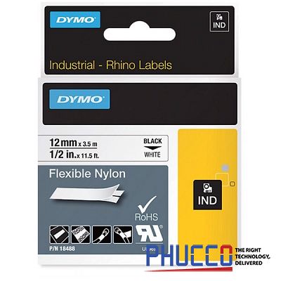 Nhãn in Nylon dẻo Dymo Rhino_Chữ đen trên nền trắng 12mm (3.5m)