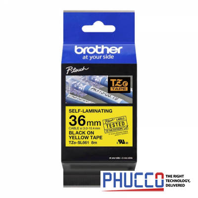 Nhãn dán cáp (Self-Laminating) Brother TZe-SL661, 36mm x 8m, Chữ Đen trên nền vàng, Dùng cho cáp CAT5E/6